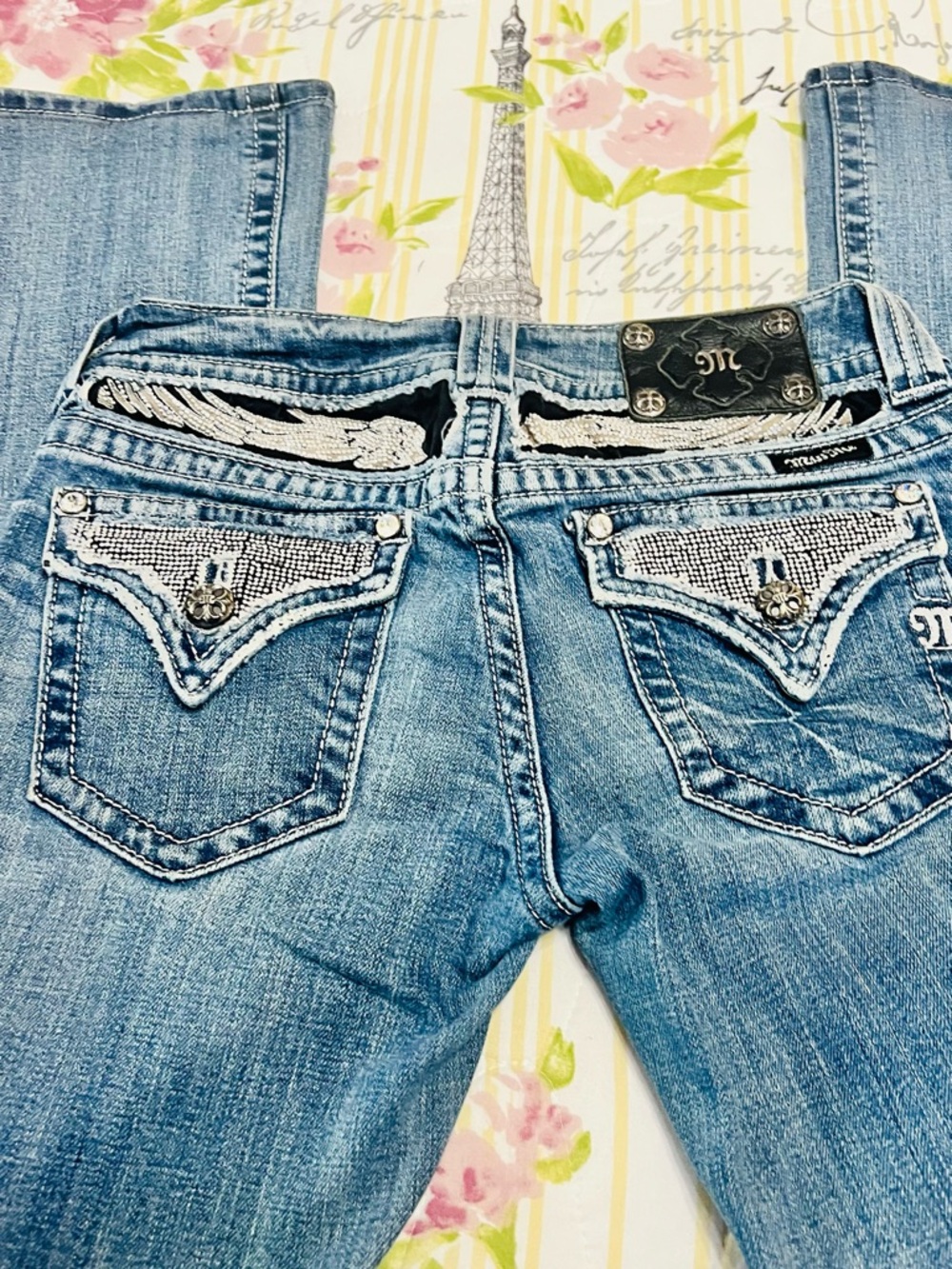 Miss Me Light Blue Denim Bootcut Jeans with Rhinestone Back Pockets